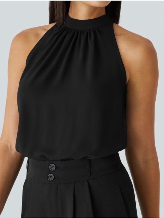 HALARA Tops - Halara Sleeveless High Neck Blouse Top NWT Size L Black Flowy Workwear